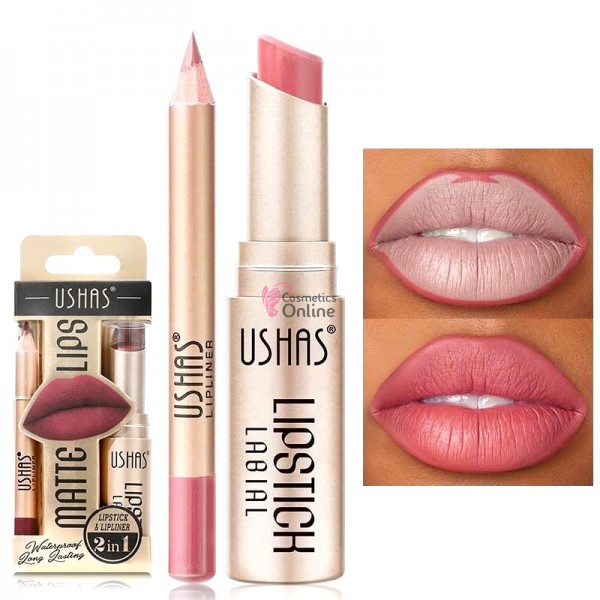 Ruj solid pentru buze 2 in1 USHAS GOLD Long Lasting Matte & LipLiner Cod 12B Fiery Coral